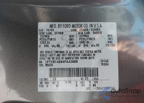 2004 Ford Ranger Edge из США, поврежденный, VIN 1FTYR14E84PA43888